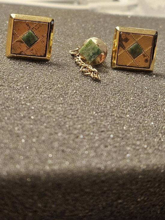 Other - Gold-Tone Square Cufflinks with Green Stone Accent And Matching Tie Pin.